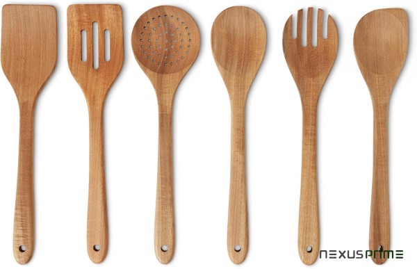 Utensili da Cucina in Legno, Set di 6 Pezzi, Legno di Acacia, Pre-Trattati con Olio, Sicuri per l’Uso con le Pentole
