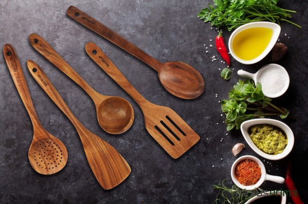 StarBlue - Set Di Utensili Da Cucina In Legno Di Acacia Da 6 Pezzi; Resistenti Spatole Antigraffio Per Pentole Antiaderenti; Set Di Spatole Ecologiche Ed Ergonomiche Con Apposito Contenitore In Legno
