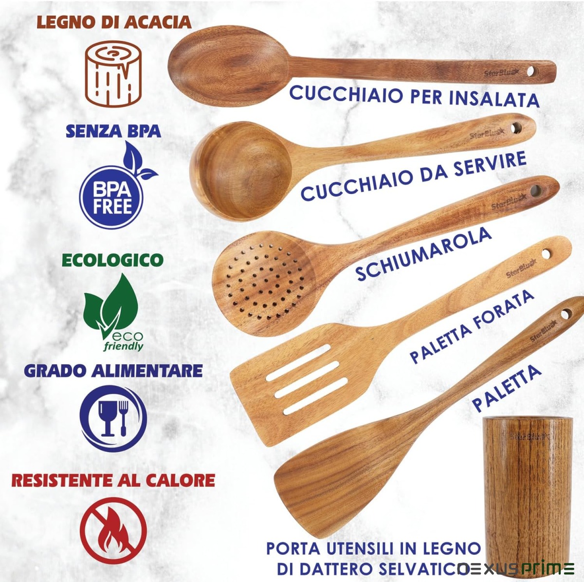 StarBlue - Set Di Utensili Da Cucina In Legno Di Acacia Da 6 Pezzi; Resistenti Spatole Antigraffio Per Pentole Antiaderenti; Set Di Spatole Ecologiche Ed Ergonomiche Con Apposito Contenitore In Legno - Asset