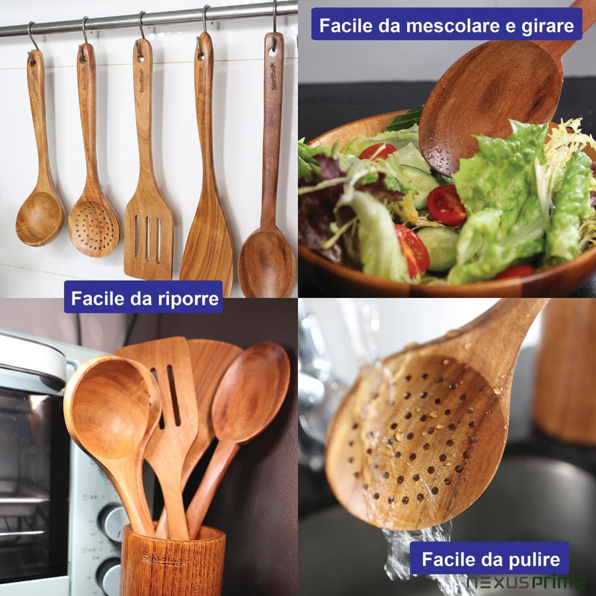 StarBlue - Set Di Utensili Da Cucina In Legno Di Acacia Da 6 Pezzi; Resistenti Spatole Antigraffio Per Pentole Antiaderenti; Set Di Spatole Ecologiche Ed Ergonomiche Con Apposito Contenitore In Legno - Asset