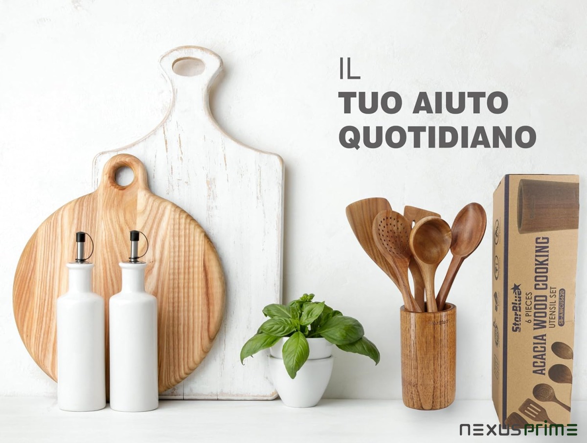 StarBlue - Set Di Utensili Da Cucina In Legno Di Acacia Da 6 Pezzi; Resistenti Spatole Antigraffio Per Pentole Antiaderenti; Set Di Spatole Ecologiche Ed Ergonomiche Con Apposito Contenitore In Legno - Asset